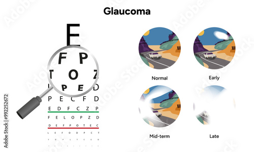 Ophthalmology eye testing. Early, mid-term and late glaucoma