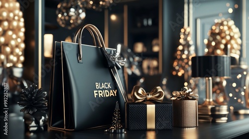 Black Friday Shopping Bag with Gold Gift Boxes and Christmas Tree photo