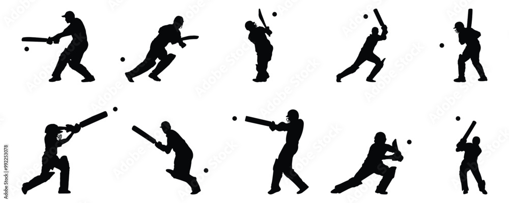 men's cricket player batting silhouette set men's cricket player batting silhouette set