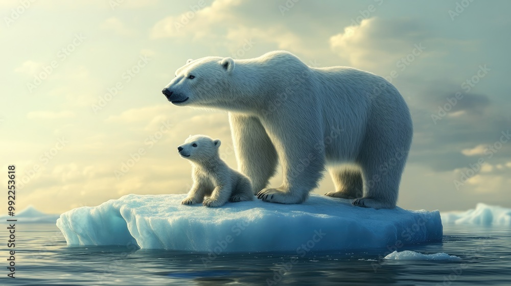 A mother polar bear and her cub on a small, melting ice floe, representing the future of wildlife in a world affected by global warming. A mother polar bear and her cub on a small, melting ice floe, representing the future of wildlife in a world affected by global warming.