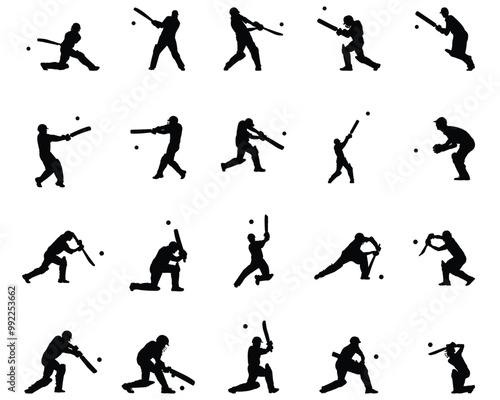 men's cricket player batting silhouette set