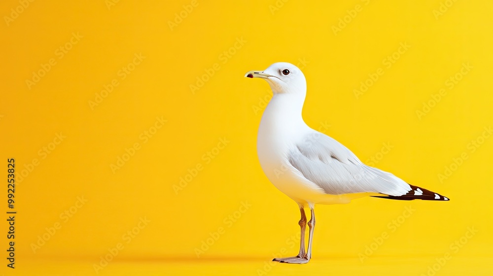 A natural white seagull standing on one leg, isolated against a bright yellow background. The single color emphasizes the bird's elegant posture and pure feathers. A natural white seagull standing on one leg, isolated against a bright yellow background. The single color emphasizes the bird's elegant posture and pure feathers.