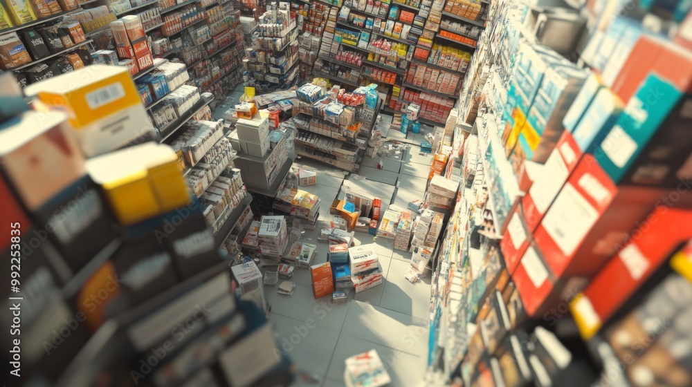 A Bird's Eye View of a Toppled Over Bookcase in a Bookstore A Bird's Eye View of a Toppled Over Bookcase in a Bookstore