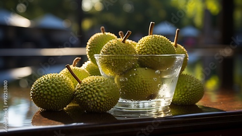 Marang fruit floating crystalclear bowl of water poolside table sparkling reflection of sunlight tropical cabana softly blurred behind evoking luxurious vacation feel Scientific name Artocarpus photo