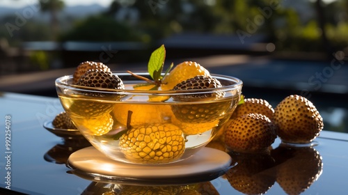 Marang fruit floating crystalclear bowl of water poolside table sparkling reflection of sunlight tropical cabana softly blurred behind evoking luxurious vacation feel Scientific name Artocarpus photo