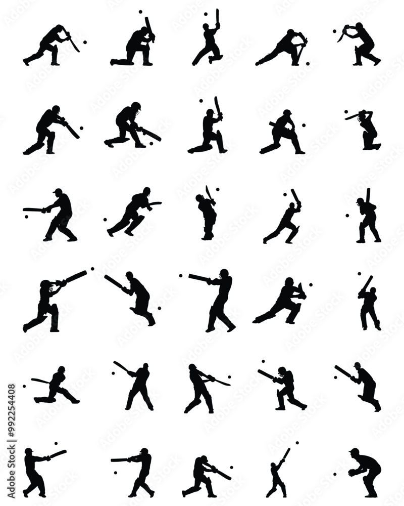 men's cricket player batting silhouette set men's cricket player batting silhouette set