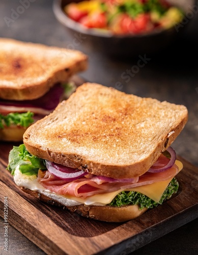 Flavorful lunch sandwiches with depth of field showcasing fresh bread and creative fillings