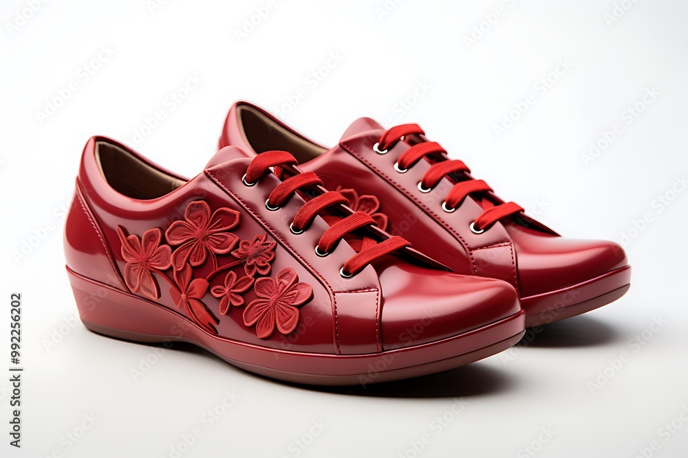 Stylish red sneakers with floral design, ideal for casual wear. Stylish red sneakers with floral design, ideal for casual wear.