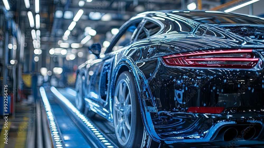 Black Sports Car on an Assembly Line in a Factory Black Sports Car on an Assembly Line in a Factory