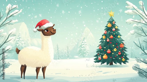 A playful cartoon llama wearing a Christmas hat, standing in a snowy field with a beautifully decorated Christmas tree.