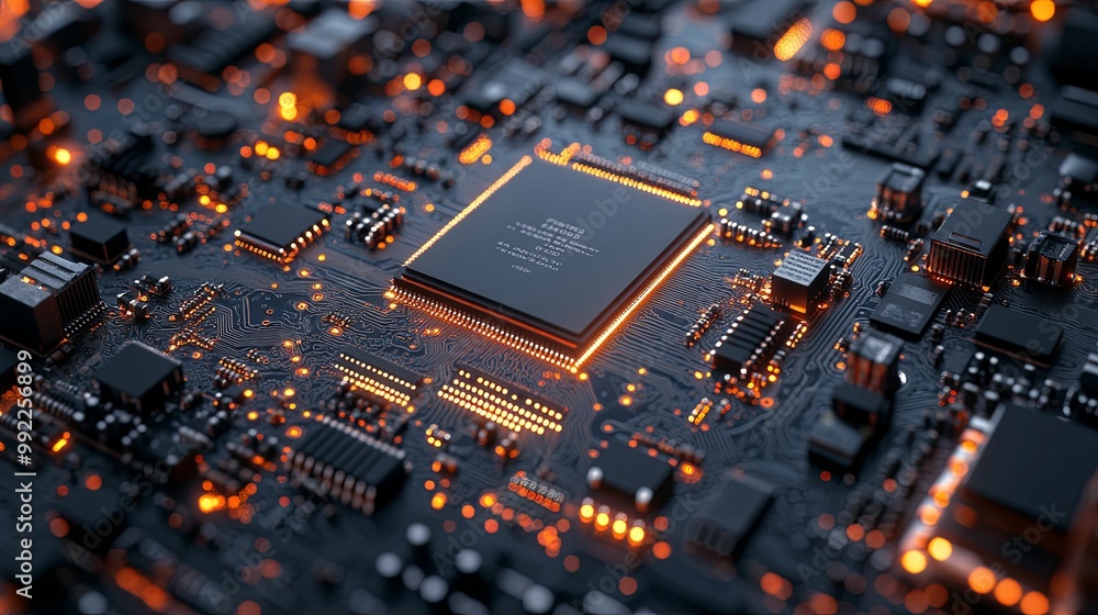 Illuminated Microchip on a Circuit Board Illuminated Microchip on a Circuit Board