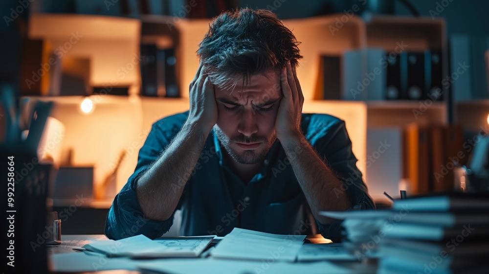 Exhausted Man Leaning on Desk with Papers in a Dark Office Exhausted Man Leaning on Desk with Papers in a Dark Office