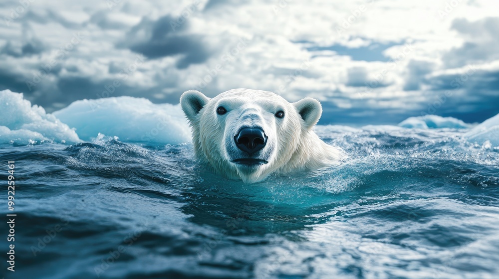 Naklejka premium A polar bear swimming in the cold Arctic sea, searching for ice in a rapidly warming world, showcasing the dire effects of global warming.