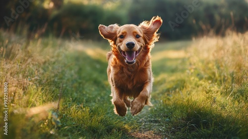 A happy dog running through a grassy field, ears flapping in the wind and tail wagging, capturing the joy of outdoor play.