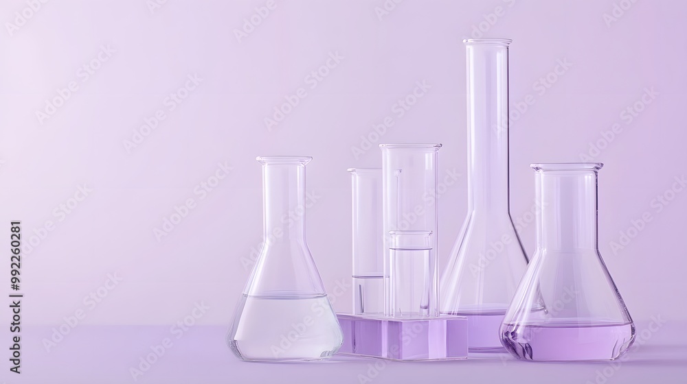 Glass beakers and flasks with liquid on a purple background Glass beakers and flasks with liquid on a purple background