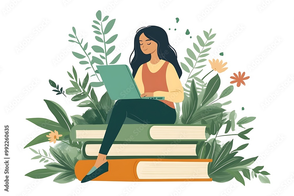 A woman sits on books, using a laptop amidst plants and flowers. A woman sits on books, using a laptop amidst plants and flowers.
