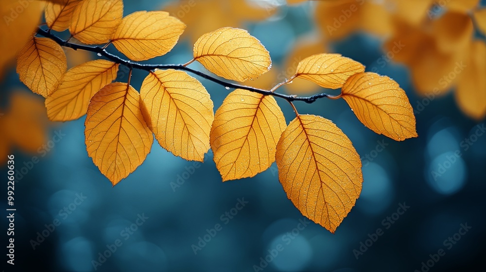Vibrant Yellow Leaves Against Blue Background Vibrant Yellow Leaves Against Blue Background