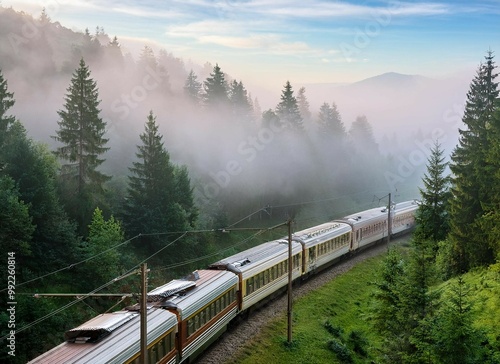 Train passing through the forest