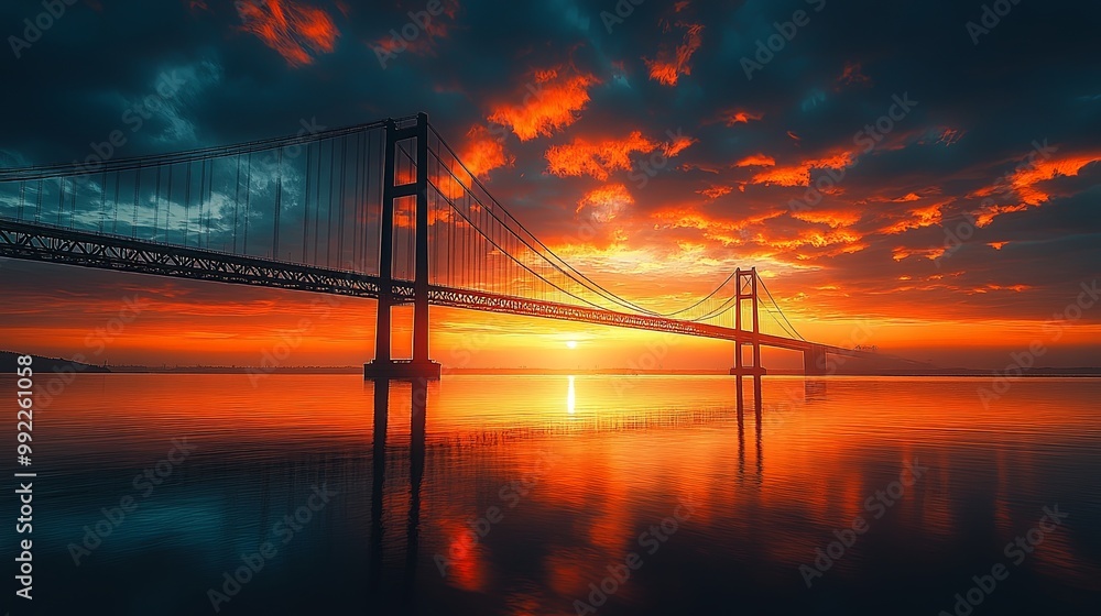 Fototapeta premium Sunrise Over Tranquil River with Majestic Bridge