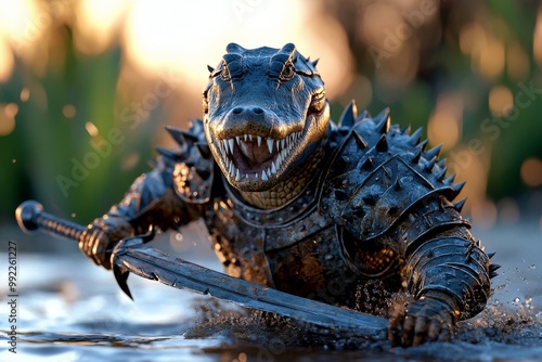 A crocodile warrior in thick, spiked armor, emerging from the swamp with a jagged sword, ready to attack in the thick of battle