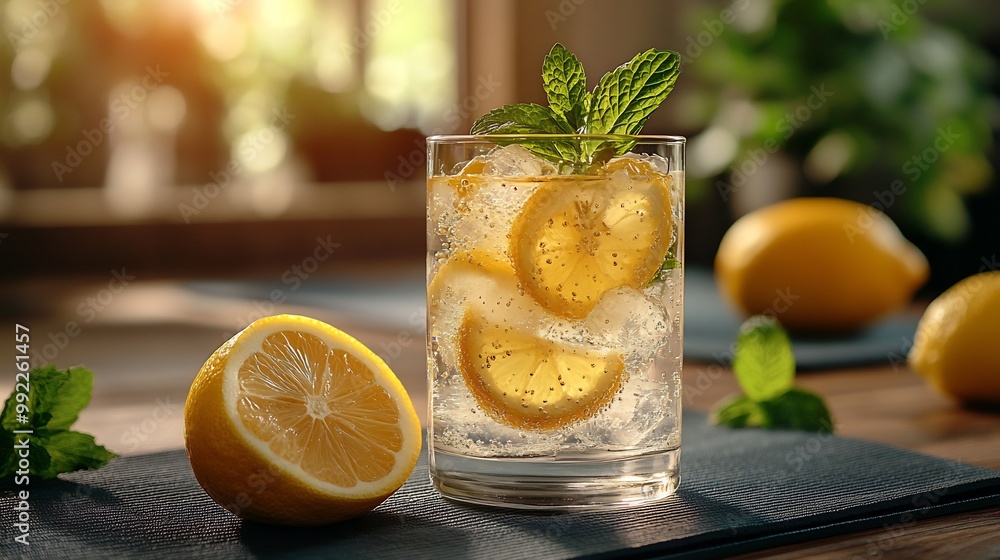 Medlar detox water served a tall glass with lemon and mint placed on a yoga mat with the studio softly blurred highlighting its hydrating and cleansing properties Scientific name Mespilus germanica Medlar detox water served a tall glass with lemon and mint placed on a yoga mat with the studio softly blurred highlighting its hydrating and cleansing properties Scientific name Mespilus germanica