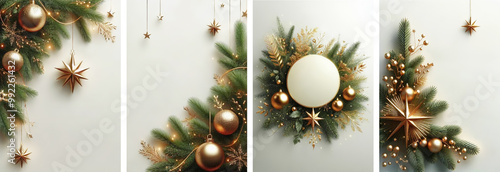 Christmas Cover Set with Elegant Christmas pine branches and Gold Ornaments. Classic festive decor