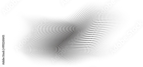 Flowing Wave Dot Halftone Pattern: Curve Gradient Shape on Transparent Background. Suitable for AI, Tech, Network, Digital, Science, and Technology Themes.