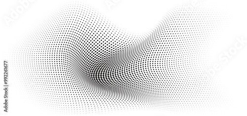 Flowing Wave Dot Halftone Pattern: Curve Gradient Shape on Transparent Background. Suitable for AI, Tech, Network, Digital, Science, and Technology Themes.