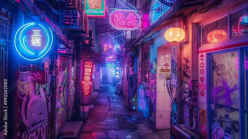 Obraz premium Neon-Lit Alleyway in a Vibrant Asian City