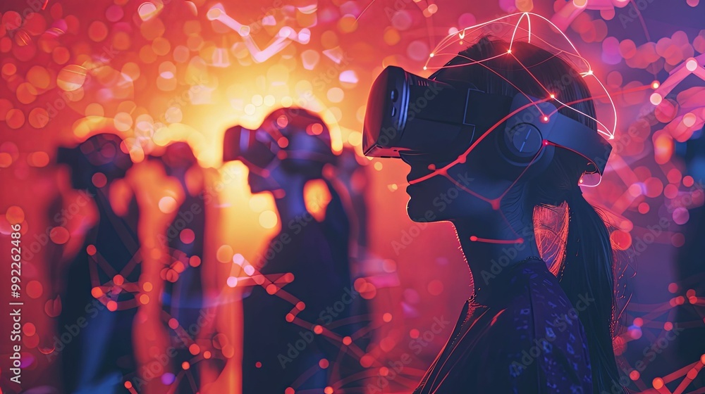 A Woman Wearing a VR Headset in a Red and Yellow Bokeh Background A Woman Wearing a VR Headset in a Red and Yellow Bokeh Background