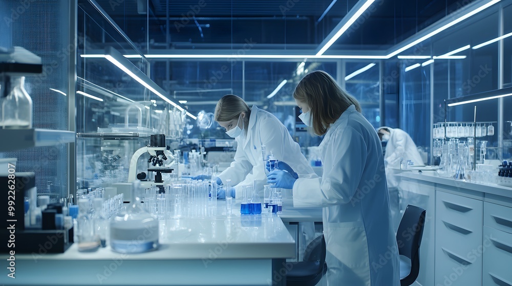 Two Scientists Working in a Modern Laboratory Two Scientists Working in a Modern Laboratory