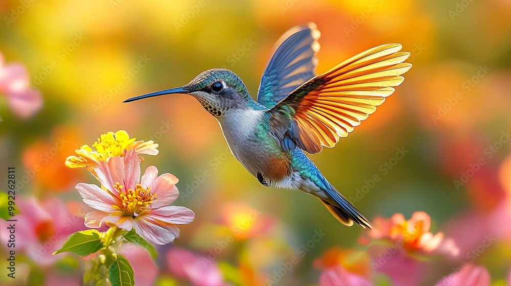 Fototapeta premium Vibrant Hummingbird in Colorful Floral Setting
