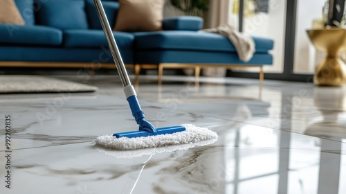 A person using a mop to clean a marble floor in a luxurious living room, creating a sparkling, pristine appearance. photo