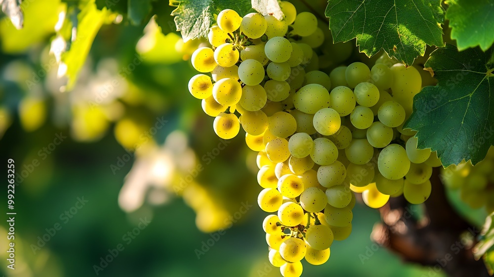 Fototapeta premium A close-up of clusters of green grapes hanging from a vine.