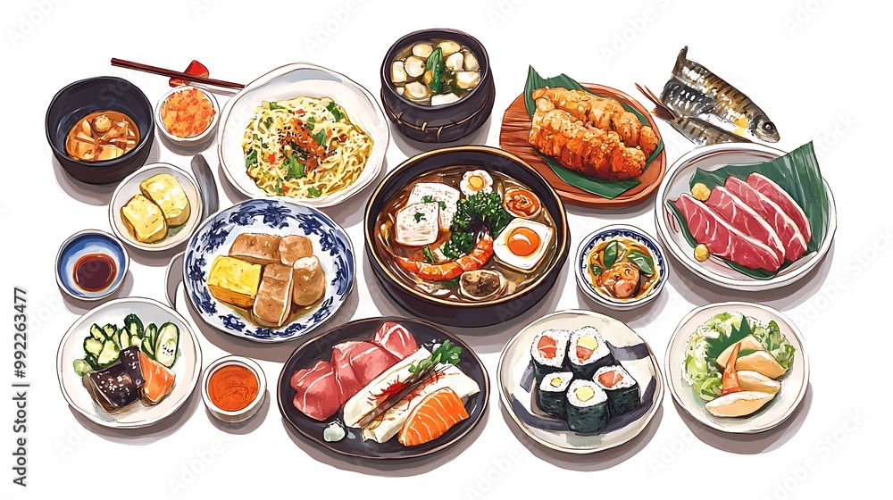 Japanese Food Variety, Sushi, Sashimi, Noodles, Soup, Dishes Illustration Japanese Food Variety, Sushi, Sashimi, Noodles, Soup, Dishes Illustration