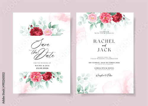 Beautiful wedding invitation card with red floral and leaves decoration. Roses wedding card.