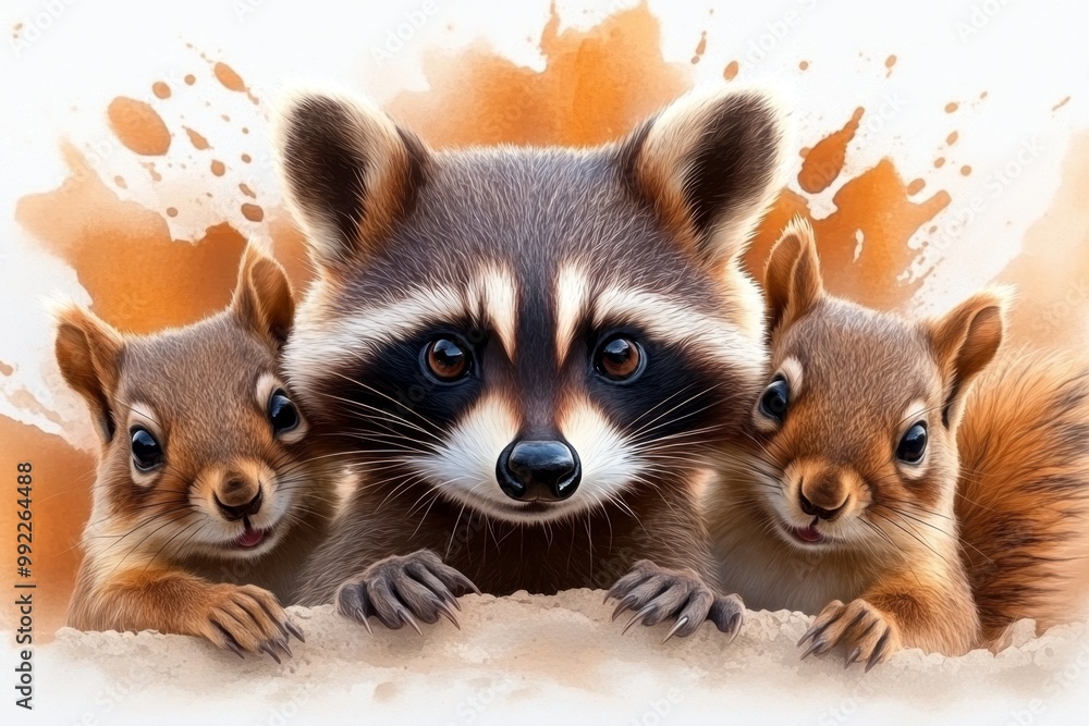 A cute raccoon and two squirrels with big, expressive eyes, nestled together with warm orange and brown watercolor splashes behind them A cute raccoon and two squirrels with big, expressive eyes, nestled together with warm orange and brown watercolor splashes behind them