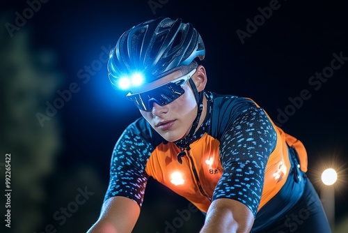 A cyclist wearing a helmet and reflective gear at night, practicing road safety while biking in low-light conditions photo