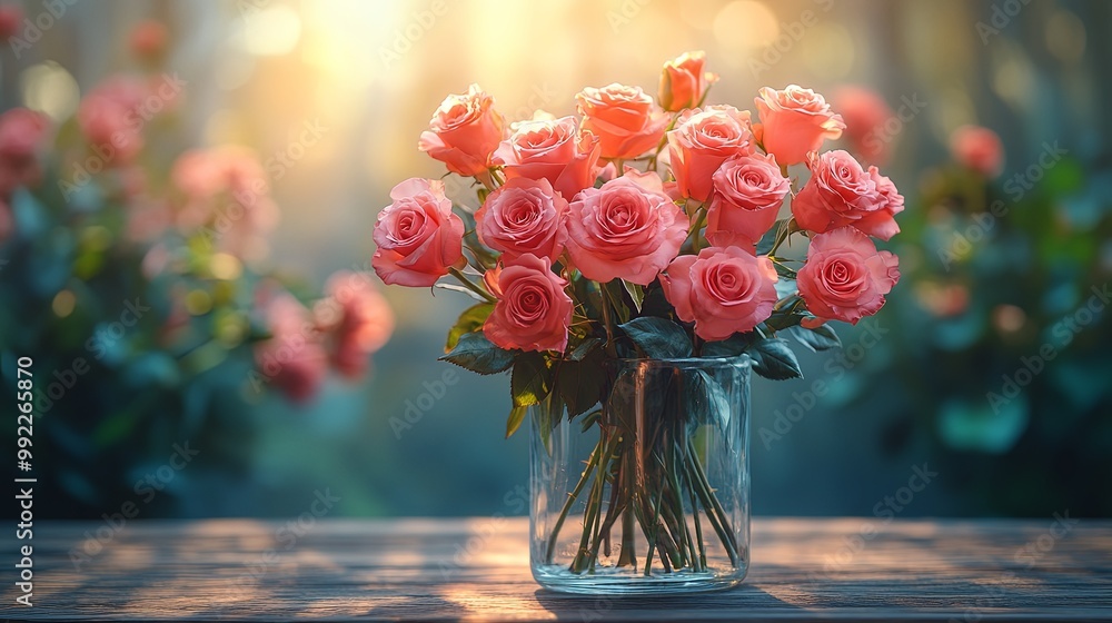 Fresh Pink Roses in Glass Vase on Wooden Table Fresh Pink Roses in Glass Vase on Wooden Table