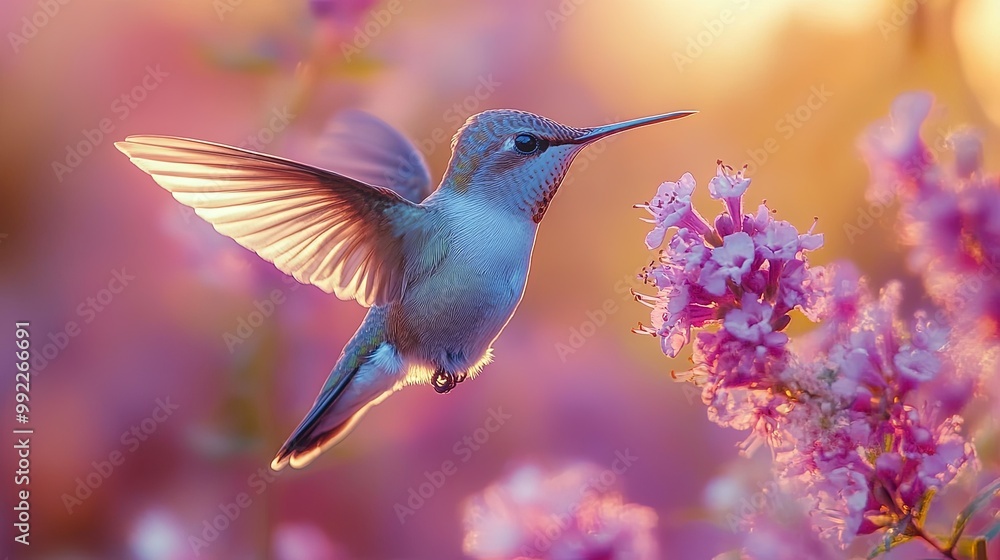 Fototapeta premium Hummingbird Feeding on Vibrant Pink Flowers