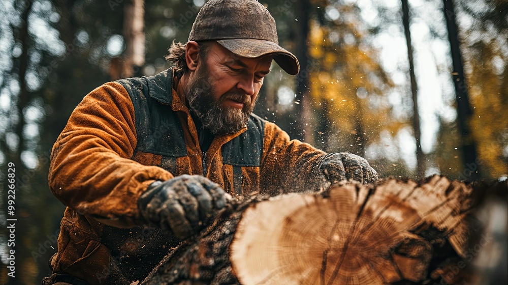 A Lumberjack Using a Chainsaw to Cut a Log in the Woods A Lumberjack Using a Chainsaw to Cut a Log in the Woods