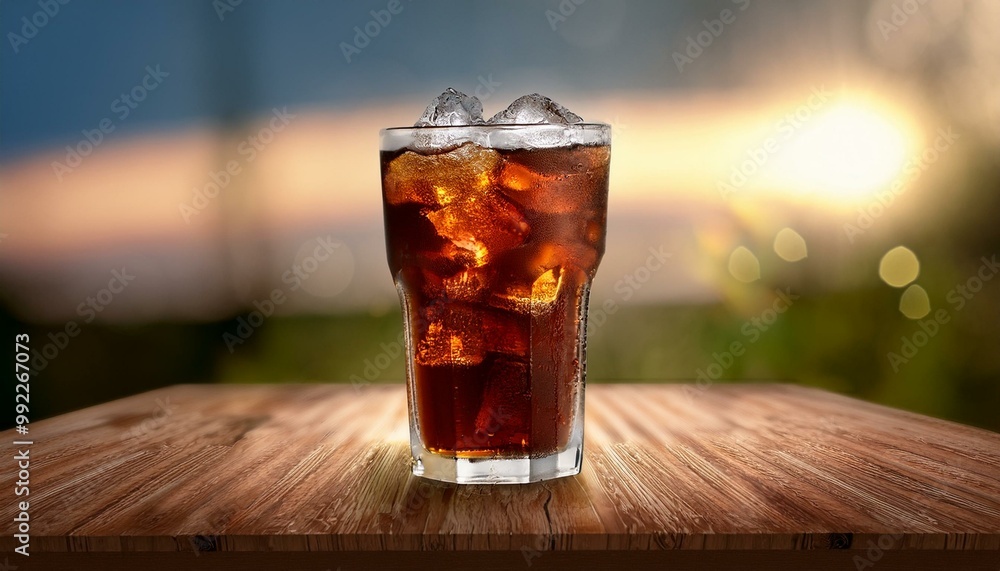 A glass of cola with ice, centered on a rustic wooden table under soft ambient light, with a A glass of cola with ice, centered on a rustic wooden table under soft ambient light, with a