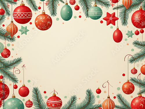 Retro 1950s Inspired Christmas Background with Mid-Century Ornaments and Reindeer photo