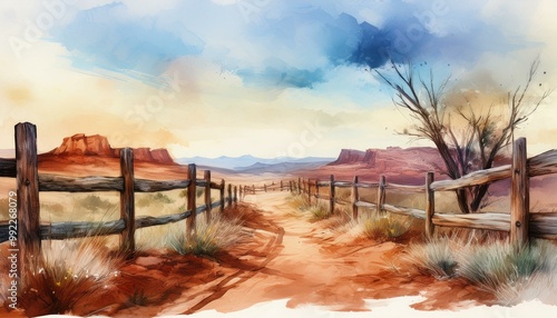 A simple wooden fence running along the edge of a dry canyon landscape, the fence posts slig photo