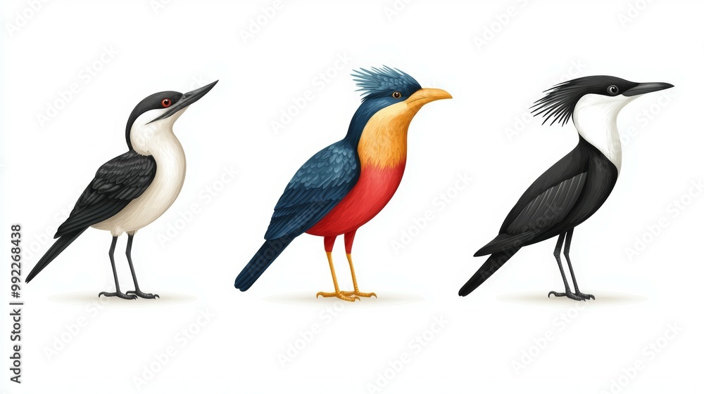 Obraz premium Three birds with different colors and patterns