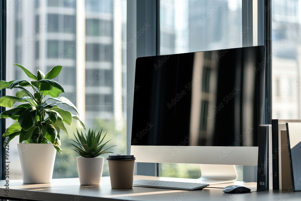 A clean and minimal workspace with a large computer monitor, a coffee cup, and a potted succulent on the desk A clean and minimal workspace with a large computer monitor, a coffee cup, and a potted succulent on the desk