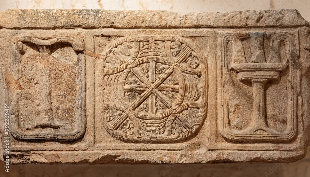 A weathered stone sign plate with rough edges and ancient carved symbols, set against a smoo A weathered stone sign plate with rough edges and ancient carved symbols, set against a smoo