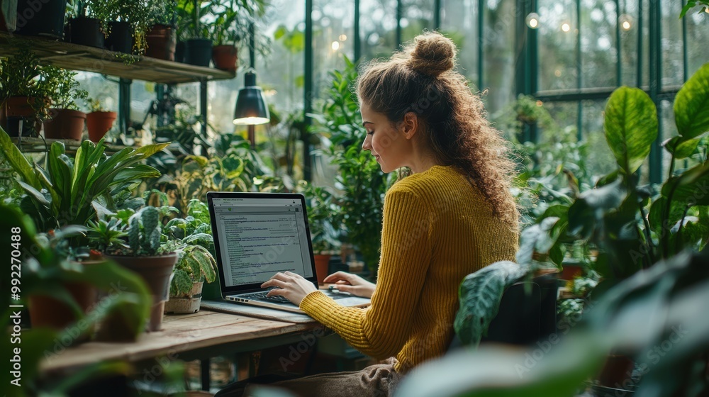 Teacher conducting online class from a greenhouse full of plants Teacher conducting online class from a greenhouse full of plants