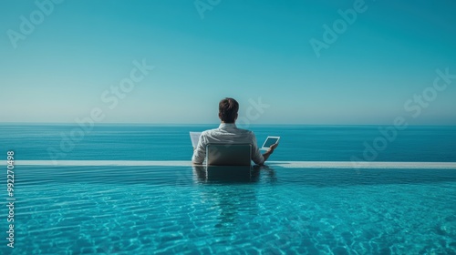 Business analyst reviewing reports while lounging by an infinity pool