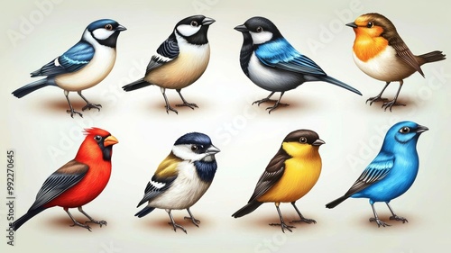 A set of colorful birds are standing in a row photo